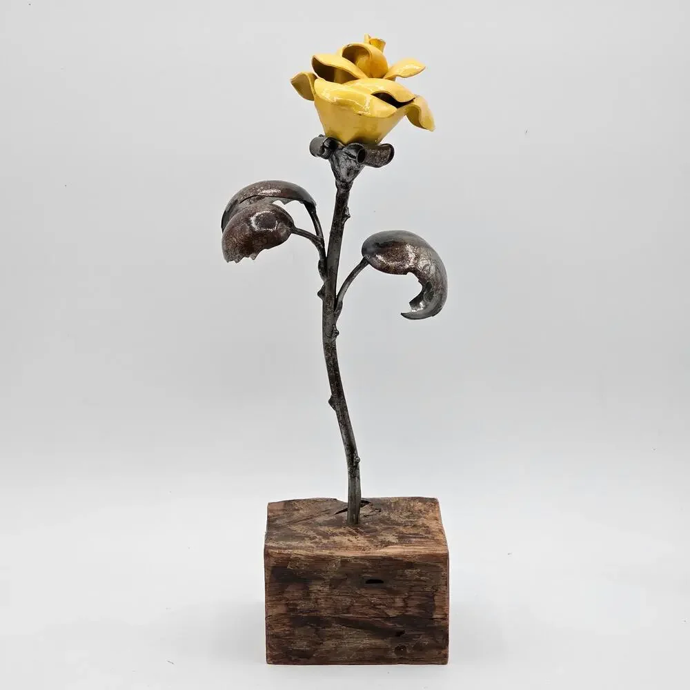 Signed Hand Forged Metal Rose Sculpture Yellow Heat Painted Blacksmith Art 2019